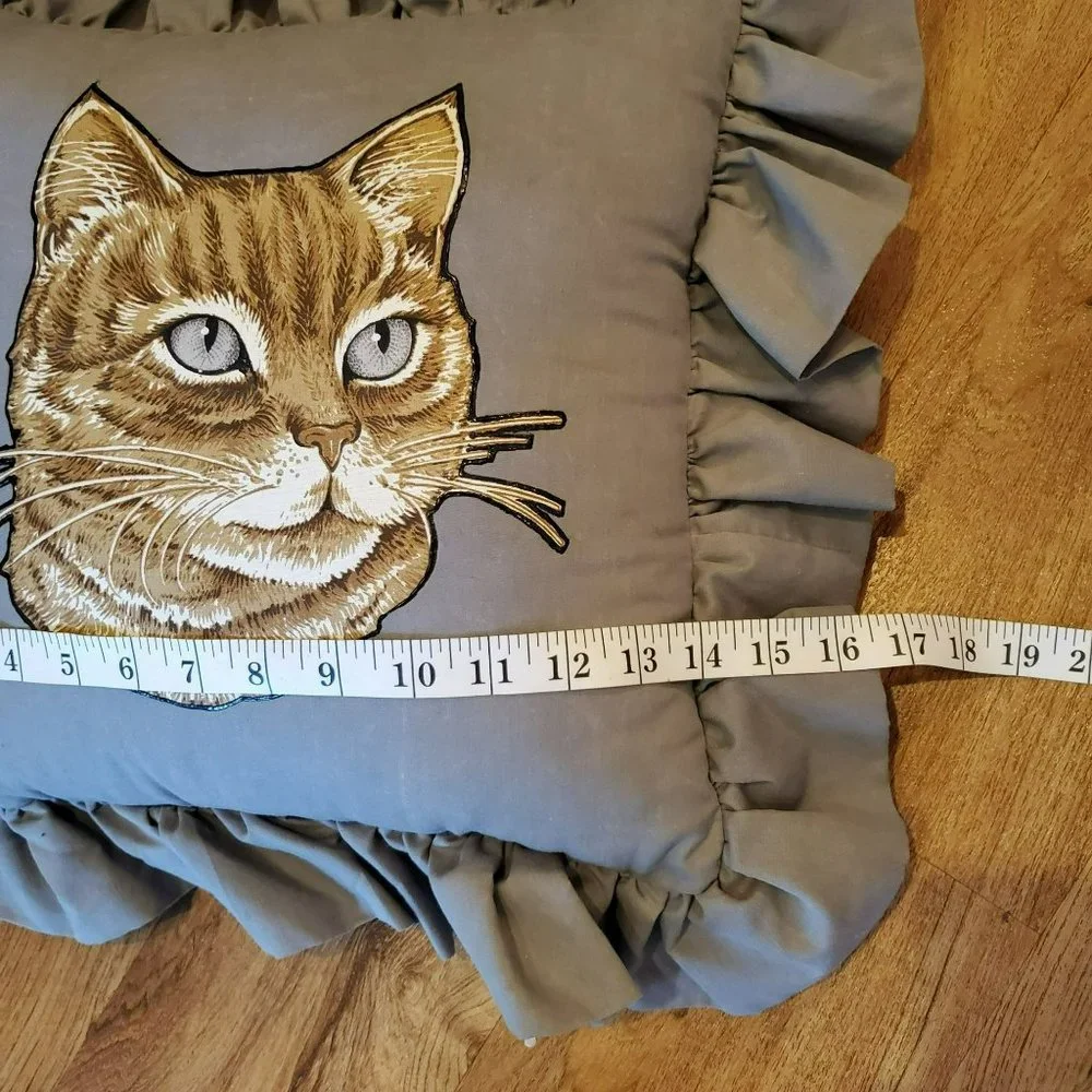 Vintage Handmade Cat Pillow, Applique Tabby Cat, Accent Pillow, Gray with Ruffle